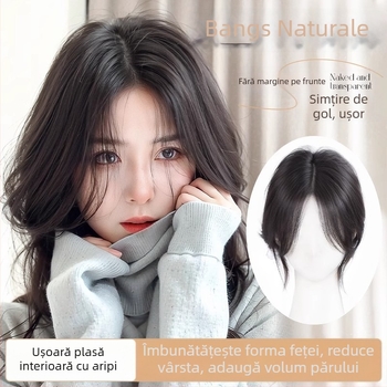 Perucă cu breton pentru femei – volum la creștet, acoperire păr alb, breton cu despărțire centrală, fibre rezistente la temperatură, țesut parțial manual