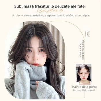 Perucă cu breton pentru femei – volum la creștet, acoperire păr alb, breton cu despărțire centrală, fibre rezistente la temperatură, țesut parțial manual