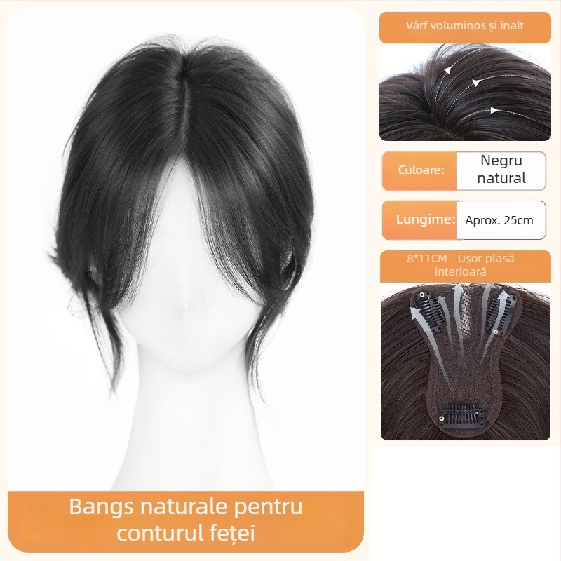 Perucă cu breton pentru femei – volum la creștet, acoperire păr alb, breton cu despărțire centrală, fibre rezistente la temperatură, țesut parțial manual