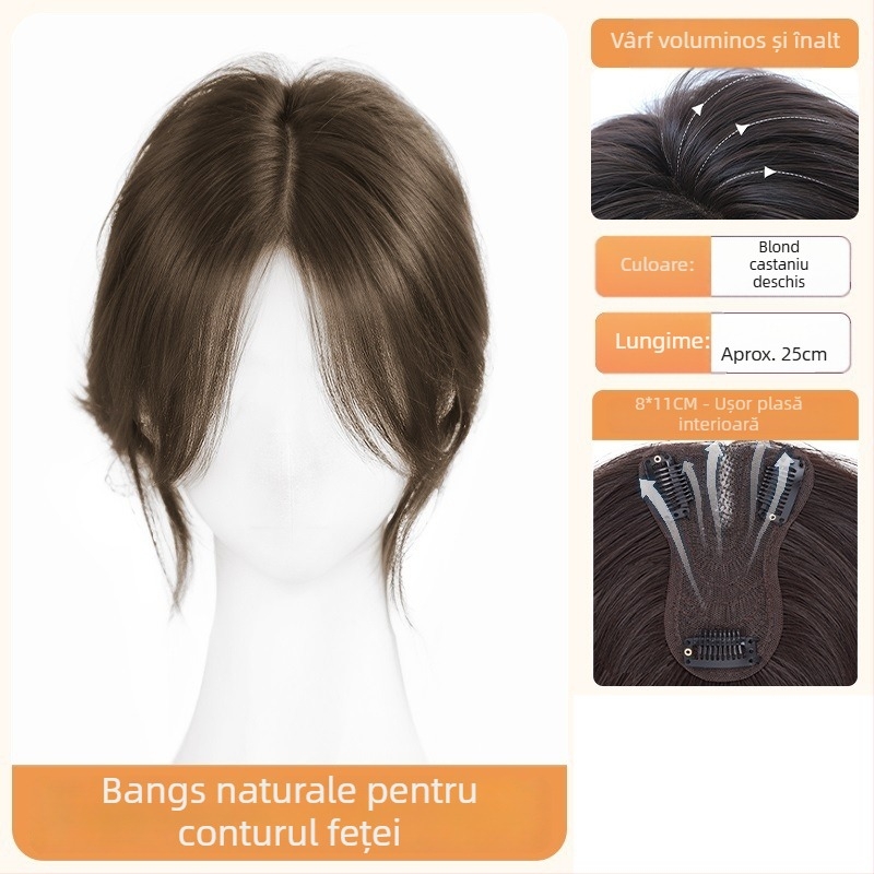 Perucă cu breton pentru femei – volum la creștet, acoperire păr alb, breton cu despărțire centrală, fibre rezistente la temperatură, țesut parțial manual