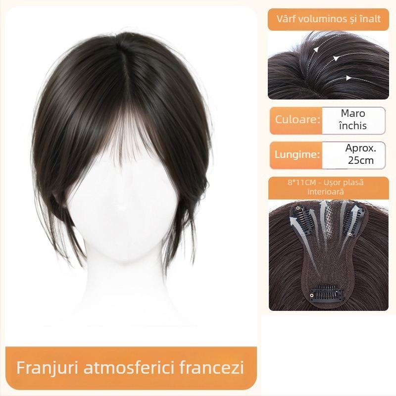 Perucă cu breton pentru femei – volum la creștet, acoperire păr alb, breton cu despărțire centrală, fibre rezistente la temperatură, țesut parțial manual