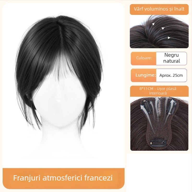 Perucă cu breton pentru femei – volum la creștet, acoperire păr alb, breton cu despărțire centrală, fibre rezistente la temperatură, țesut parțial manual