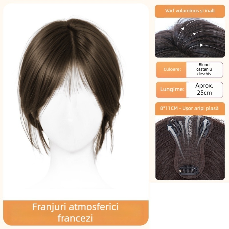 Perucă cu breton pentru femei – volum la creștet, acoperire păr alb, breton cu despărțire centrală, fibre rezistente la temperatură, țesut parțial manual