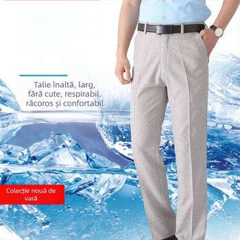 Pantaloni casual bărbați din bumbac-lână, ușori pentru vară, talie înaltă, croială dreaptă, fermoar, respirabili
