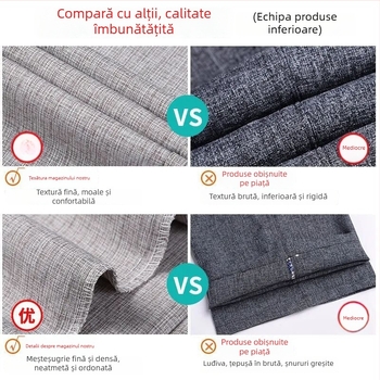 Pantaloni casual bărbați din bumbac-lână, ușori pentru vară, talie înaltă, croială dreaptă, fermoar, respirabili