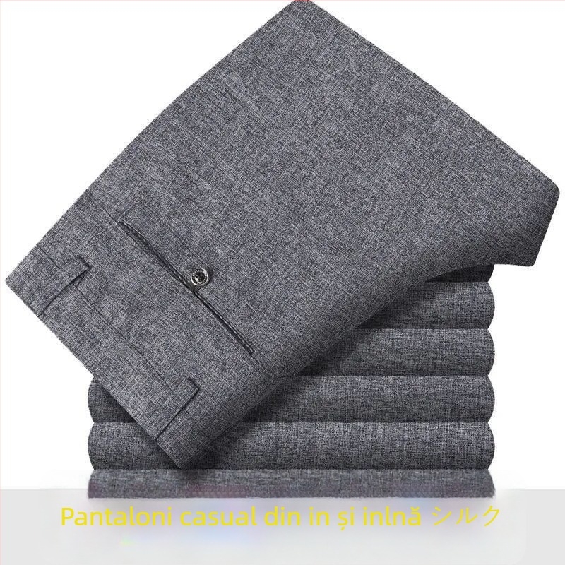 Pantaloni casual bărbați din bumbac-lână, ușori pentru vară, talie înaltă, croială dreaptă, fermoar, respirabili