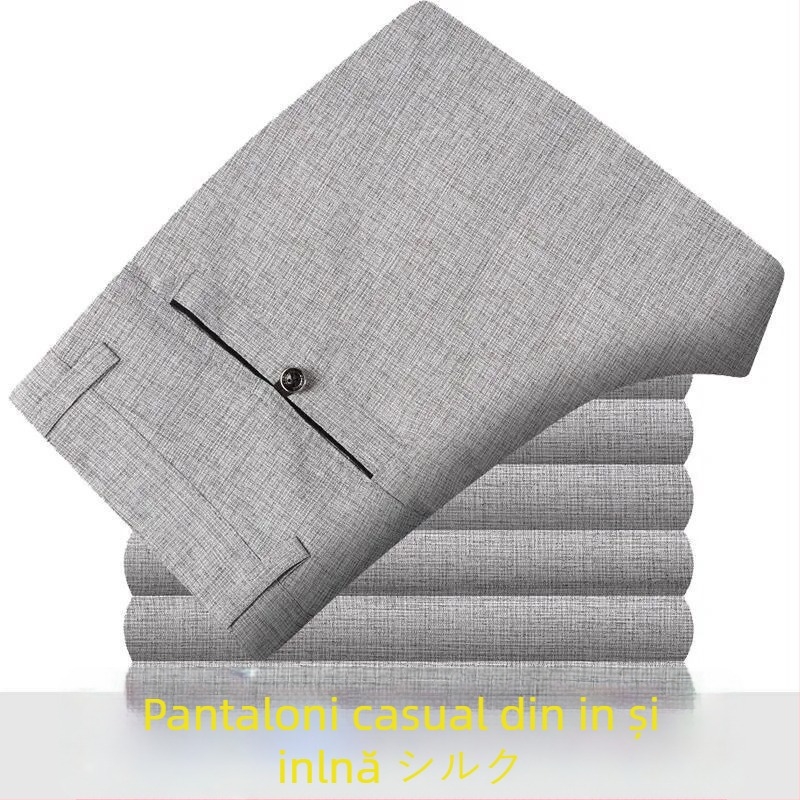 Pantaloni casual bărbați din bumbac-lână, ușori pentru vară, talie înaltă, croială dreaptă, fermoar, respirabili