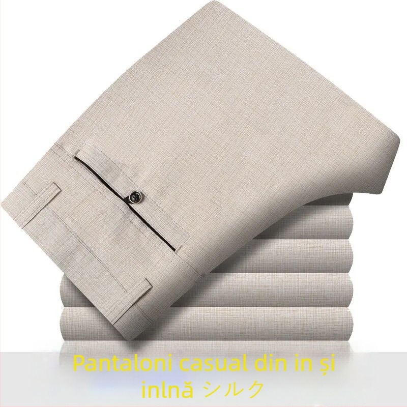 Pantaloni casual bărbați din bumbac-lână, ușori pentru vară, talie înaltă, croială dreaptă, fermoar, respirabili