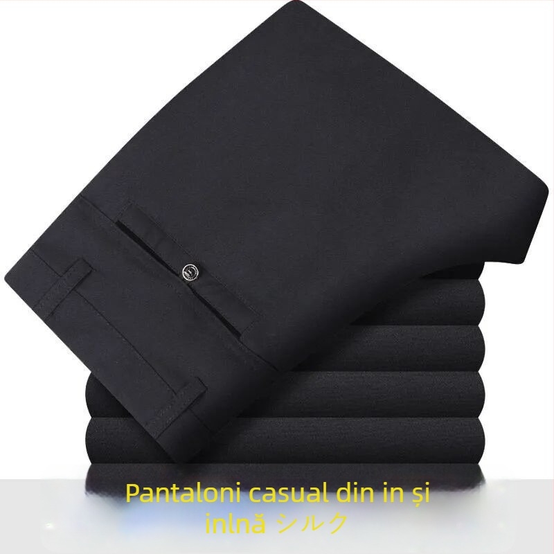Pantaloni casual bărbați din bumbac-lână, ușori pentru vară, talie înaltă, croială dreaptă, fermoar, respirabili