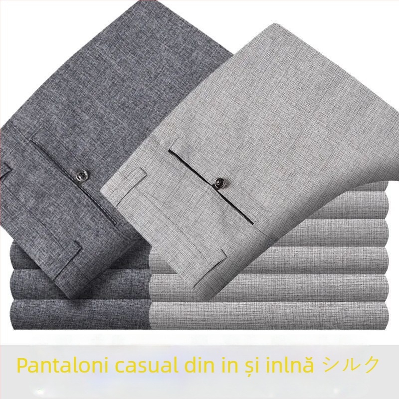 Pantaloni casual bărbați din bumbac-lână, ușori pentru vară, talie înaltă, croială dreaptă, fermoar, respirabili
