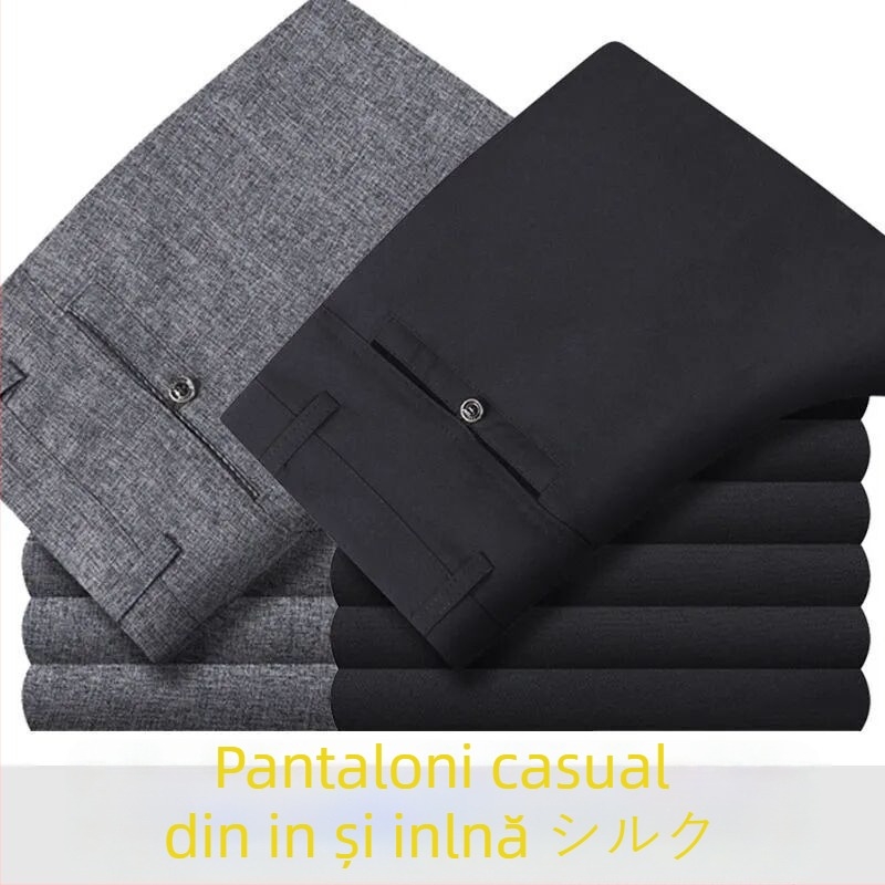 Pantaloni casual bărbați din bumbac-lână, ușori pentru vară, talie înaltă, croială dreaptă, fermoar, respirabili