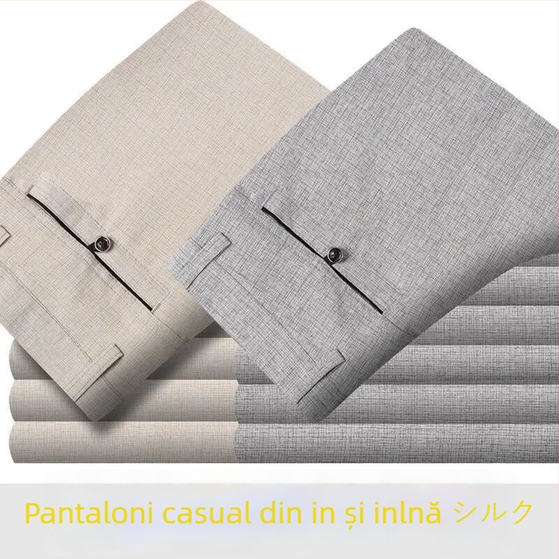 Pantaloni casual bărbați din bumbac-lână, ușori pentru vară, talie înaltă, croială dreaptă, fermoar, respirabili