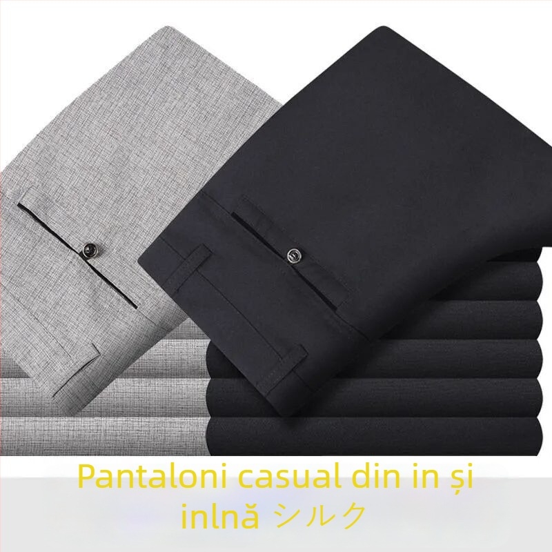 Pantaloni casual bărbați din bumbac-lână, ușori pentru vară, talie înaltă, croială dreaptă, fermoar, respirabili