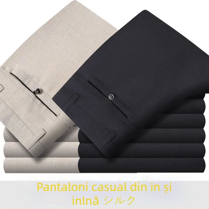 Pantaloni casual bărbați din bumbac-lână, ușori pentru vară, talie înaltă, croială dreaptă, fermoar, respirabili