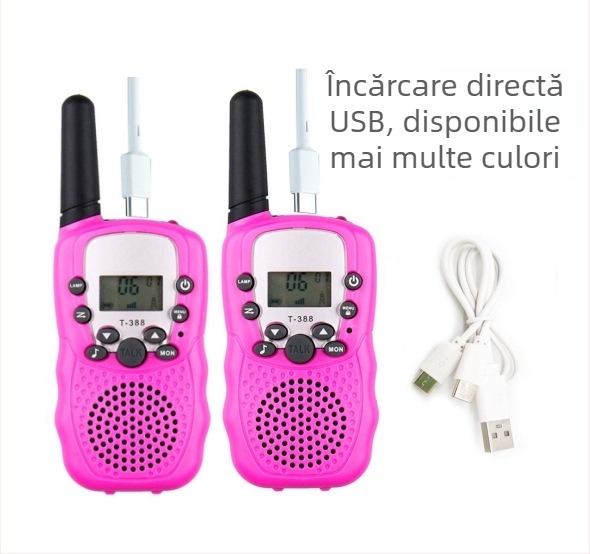 Huike T388 Walkie-Talkie pentru copii cu 22 canale, rază 1,5–3 km, putere RF 0,5 W, baterie litiu 3,7 V, cu afișaj