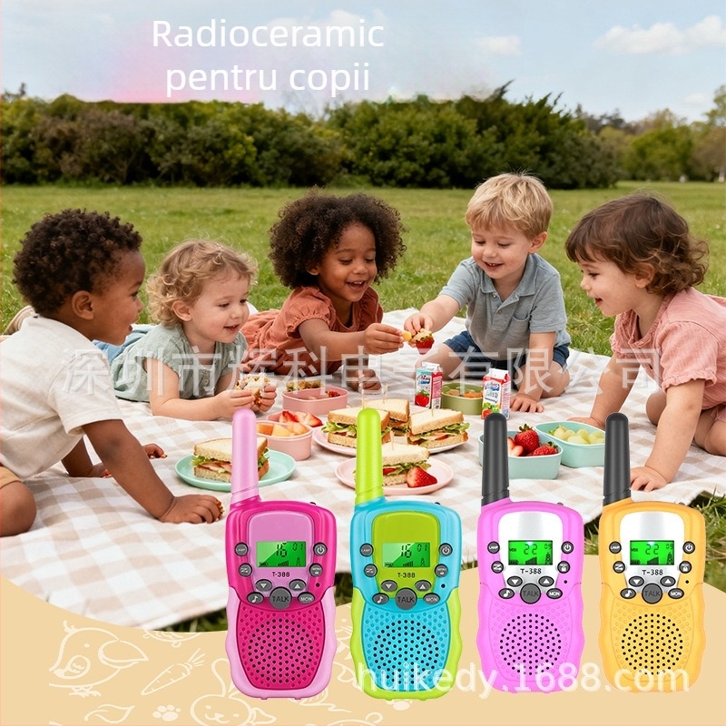Huike T388 Walkie-Talkie pentru copii cu 22 canale, rază 1,5–3 km, putere RF 0,5 W, baterie litiu 3,7 V, cu afișaj