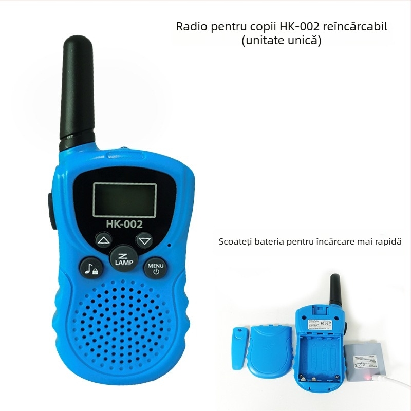 Huike T388 Walkie-Talkie pentru copii cu 22 canale, rază 1,5–3 km, putere RF 0,5 W, baterie litiu 3,7 V, cu afișaj