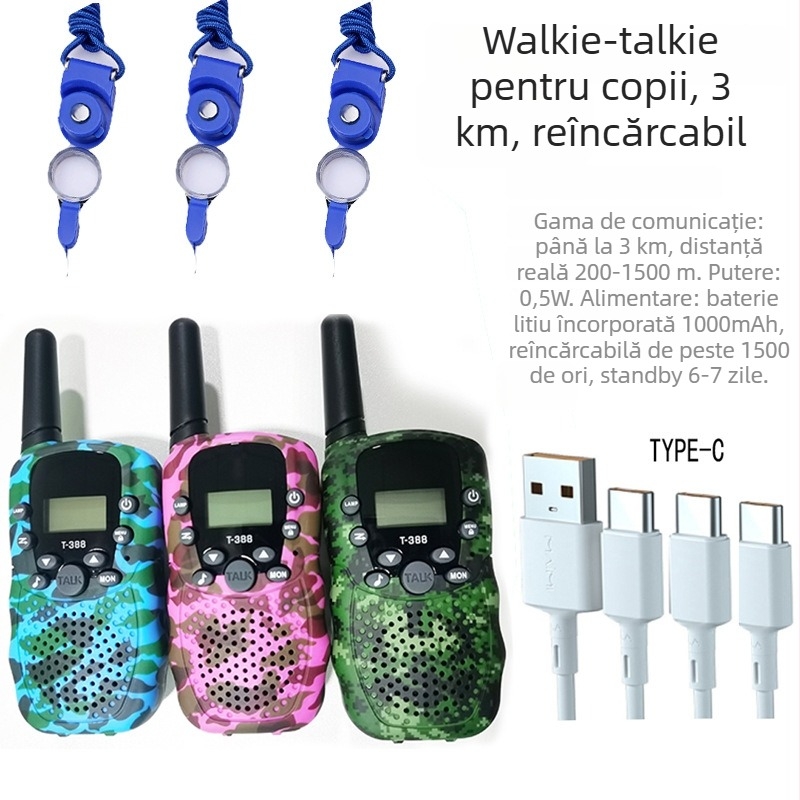 Huike T388 Walkie-Talkie pentru copii cu 22 canale, rază 1,5–3 km, putere RF 0,5 W, baterie litiu 3,7 V, cu afișaj