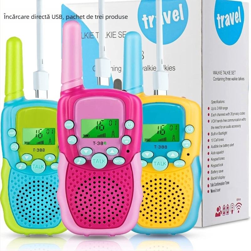 Huike T388 Walkie-Talkie pentru copii cu 22 canale, rază 1,5–3 km, putere RF 0,5 W, baterie litiu 3,7 V, cu afișaj