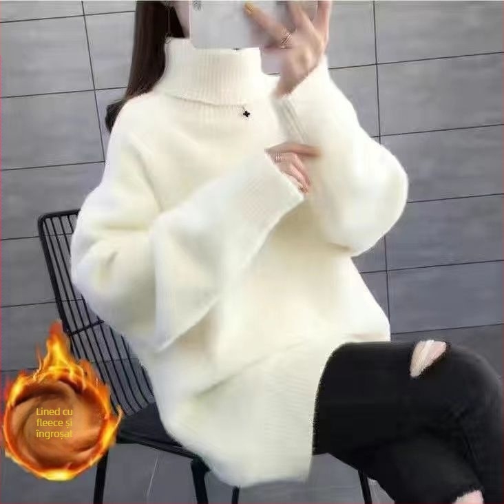 Pulover tricotat cu guler înalt, croială lejeră, lungime medie, textură imitată blană de vizon, amestec lână de miel și mătase de gheață (Primăvara 2025)