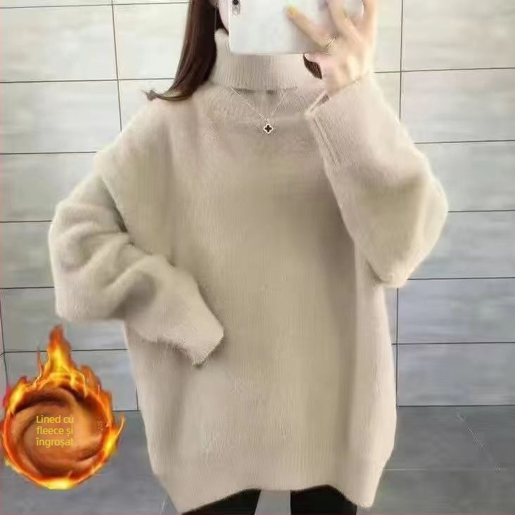 Pulover tricotat cu guler înalt, croială lejeră, lungime medie, textură imitată blană de vizon, amestec lână de miel și mătase de gheață (Primăvara 2025)