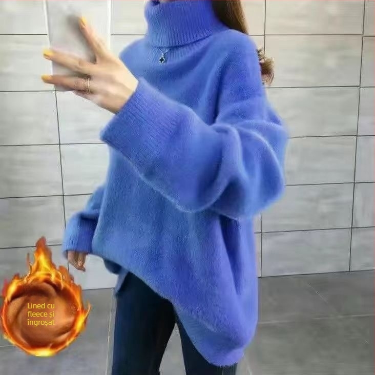 Pulover tricotat cu guler înalt, croială lejeră, lungime medie, textură imitată blană de vizon, amestec lână de miel și mătase de gheață (Primăvara 2025)