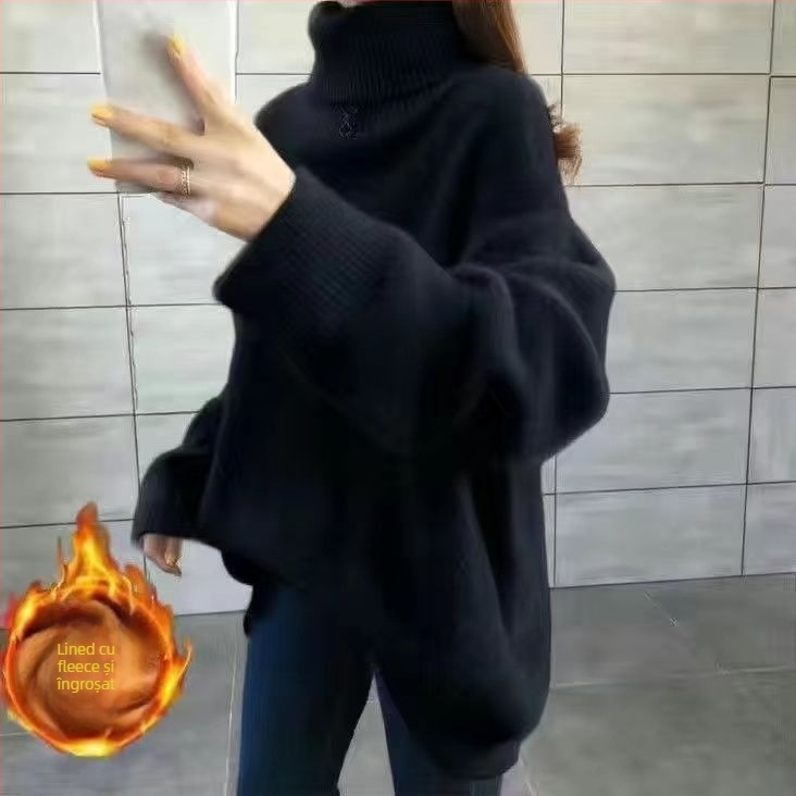Pulover tricotat cu guler înalt, croială lejeră, lungime medie, textură imitată blană de vizon, amestec lână de miel și mătase de gheață (Primăvara 2025)