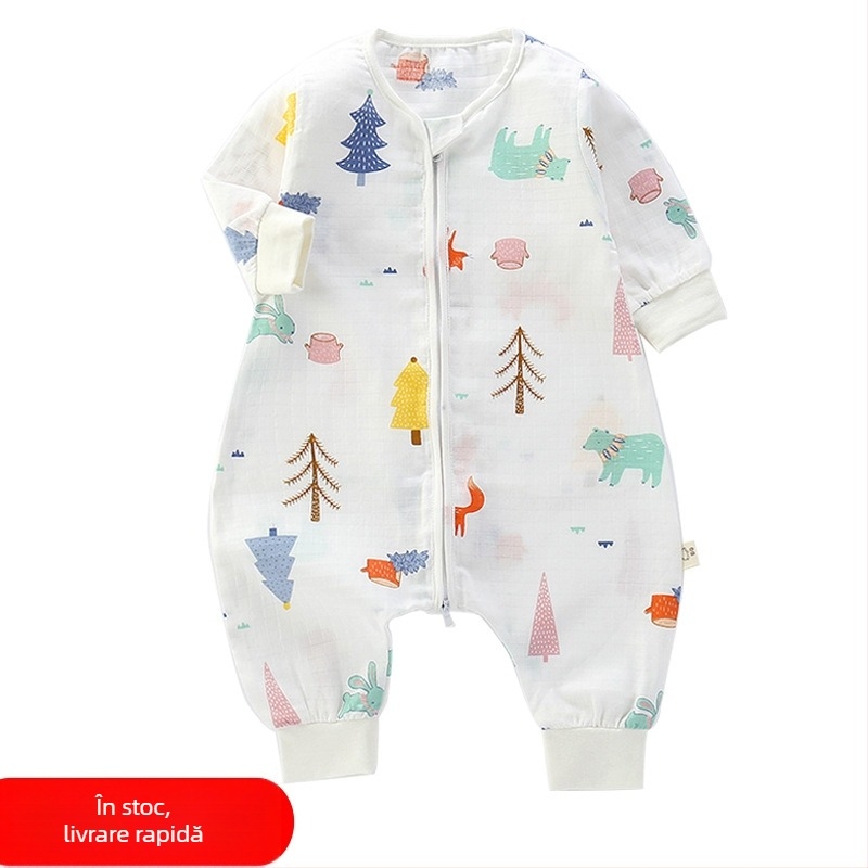 Sac de dormit pentru bebeluși, din bumbac muselină, dublu strat, model Cartoon, fermoar nylon, siguranță Clasa A