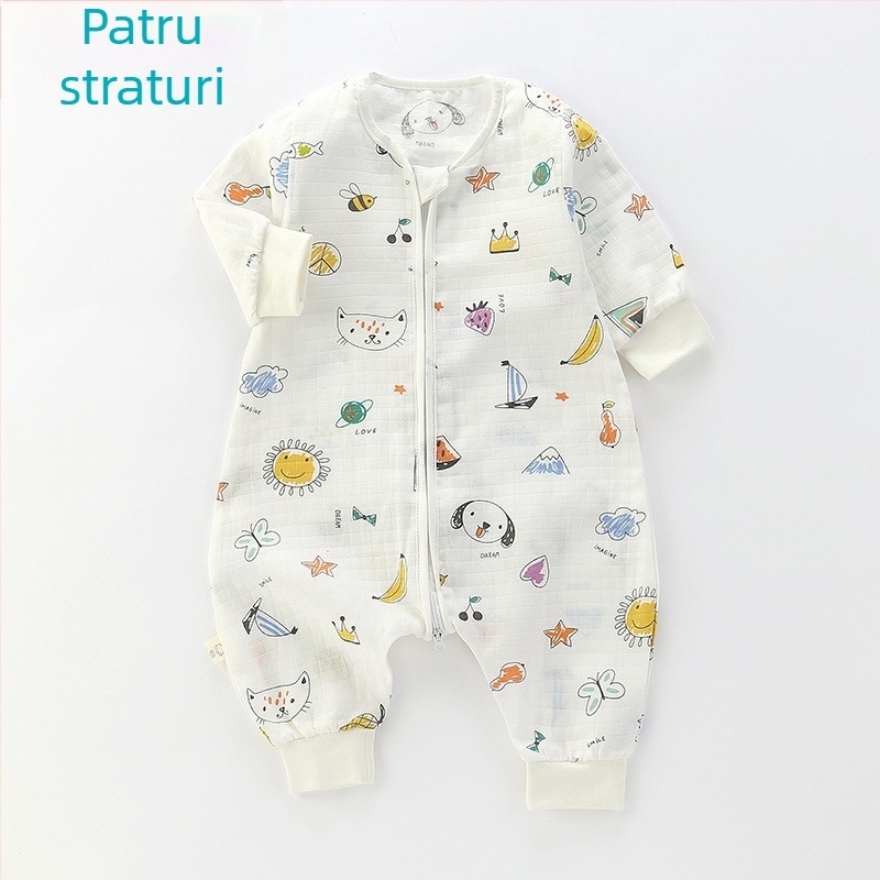 Sac de dormit pentru bebeluși, din bumbac muselină, dublu strat, model Cartoon, fermoar nylon, siguranță Clasa A