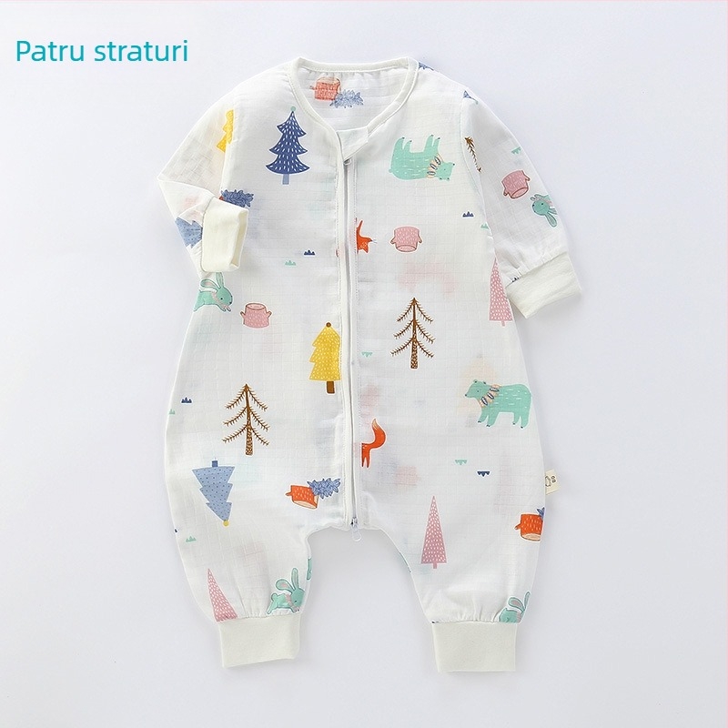 Sac de dormit pentru bebeluși, din bumbac muselină, dublu strat, model Cartoon, fermoar nylon, siguranță Clasa A