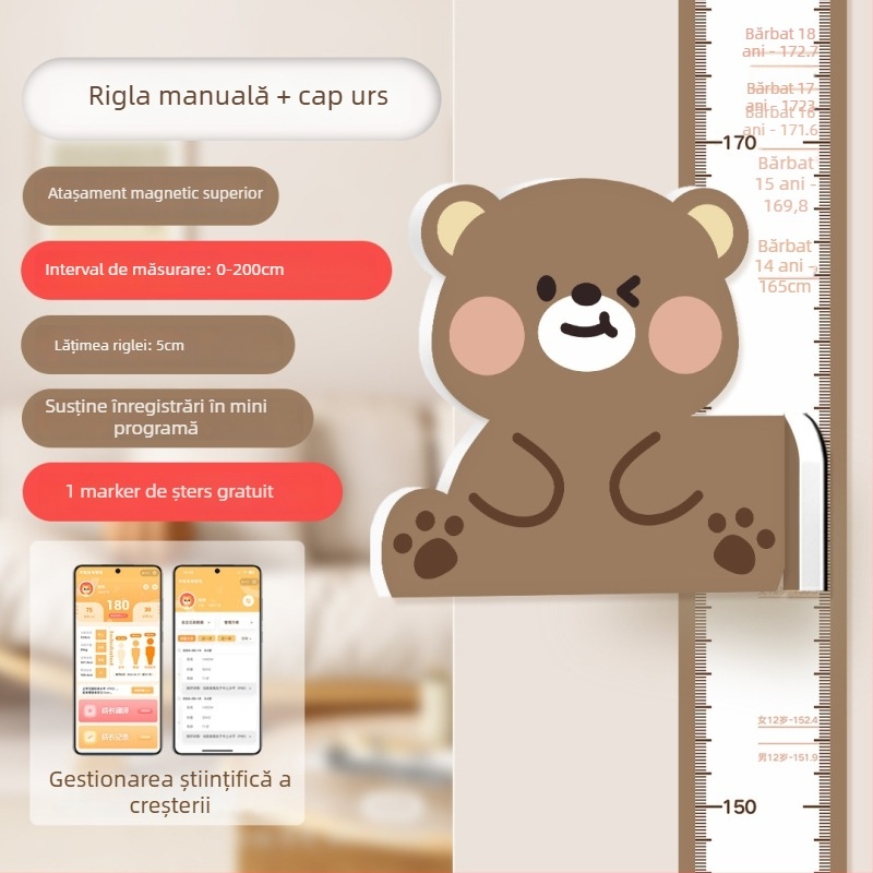 Linie de înălțime pentru copii – autocolant de perete 3D cu animale drăguțe, PVC, impermeabil, 1 bucată