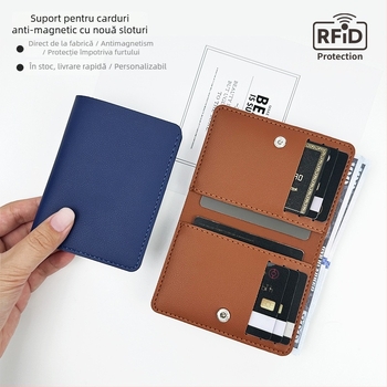 Holder pentru carduri din piele PU, anti-magnetic, cu 9 sloturi, subțire și compact