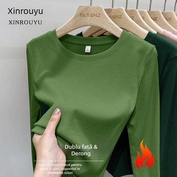 Tricou damă din poliester periat, mâneci lungi, guler rotund, culoare solidă, croi slim, primăvara 2025