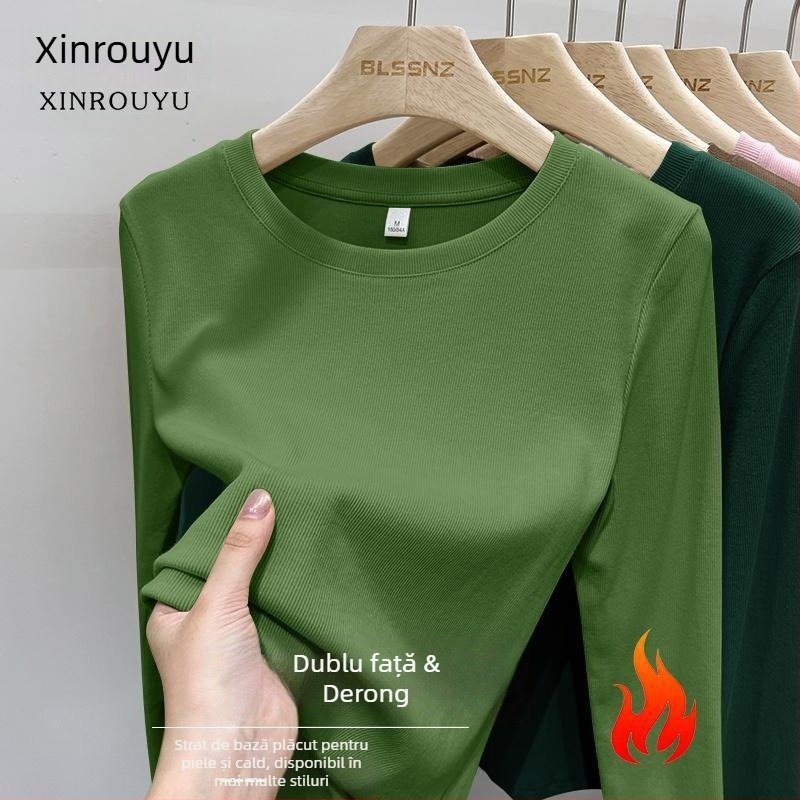 Tricou damă din poliester periat, mâneci lungi, guler rotund, culoare solidă, croi slim, primăvara 2025