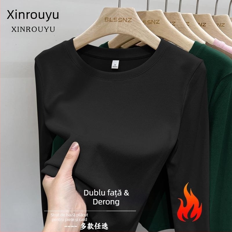 Tricou damă din poliester periat, mâneci lungi, guler rotund, culoare solidă, croi slim, primăvara 2025