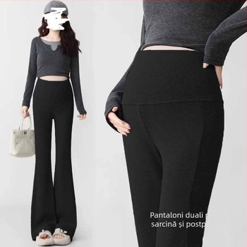 Pantaloni de maternitate în stil coreean, talie înaltă, micro-elastic, croială bell-bottom, țesătură din amestec poliester-viscoză (50–70% poliester, <30% viscoză)
