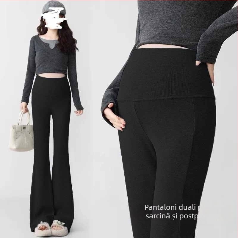 Pantaloni de maternitate în stil coreean, talie înaltă, micro-elastic, croială bell-bottom, țesătură din amestec poliester-viscoză (50–70% poliester, <30% viscoză)