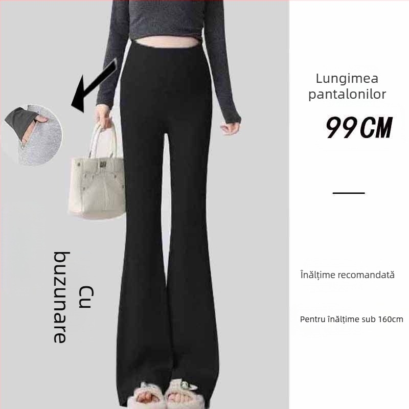Pantaloni de maternitate în stil coreean, talie înaltă, micro-elastic, croială bell-bottom, țesătură din amestec poliester-viscoză (50–70% poliester, <30% viscoză)