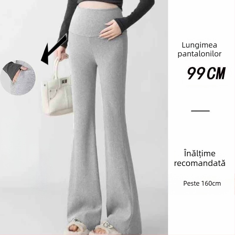 Pantaloni de maternitate în stil coreean, talie înaltă, micro-elastic, croială bell-bottom, țesătură din amestec poliester-viscoză (50–70% poliester, <30% viscoză)