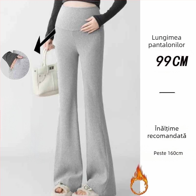 Pantaloni de maternitate în stil coreean, talie înaltă, micro-elastic, croială bell-bottom, țesătură din amestec poliester-viscoză (50–70% poliester, <30% viscoză)