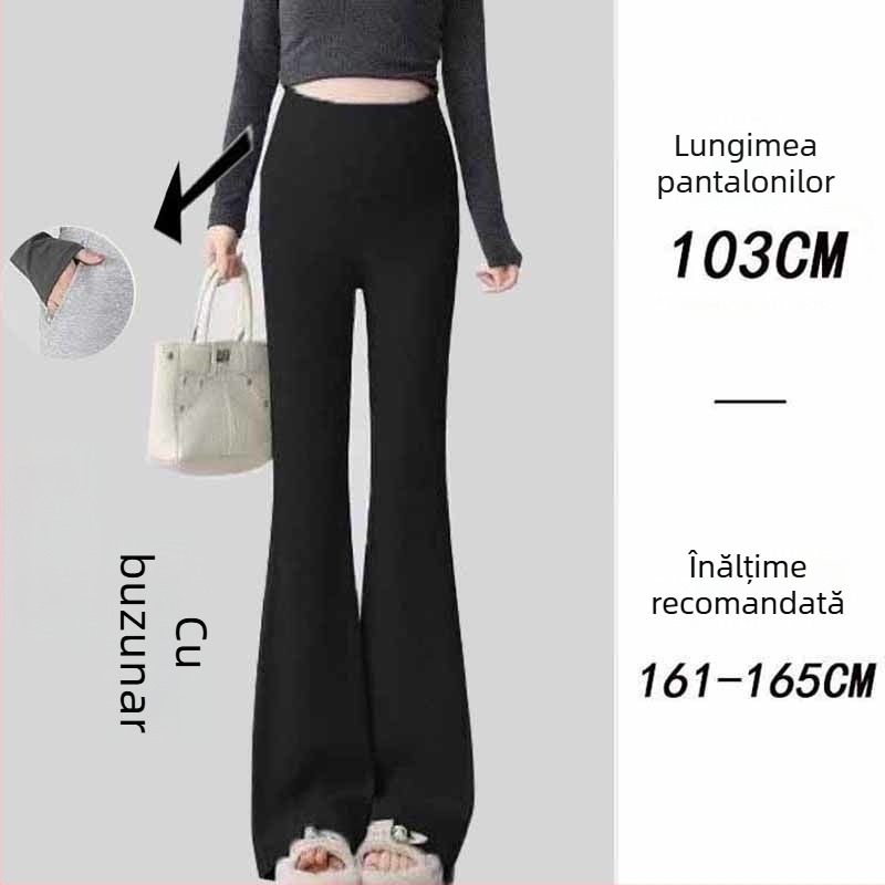 Pantaloni de maternitate în stil coreean, talie înaltă, micro-elastic, croială bell-bottom, țesătură din amestec poliester-viscoză (50–70% poliester, <30% viscoză)