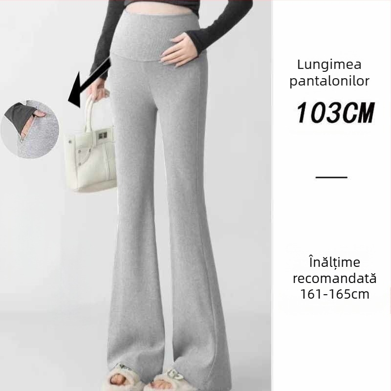 Pantaloni de maternitate în stil coreean, talie înaltă, micro-elastic, croială bell-bottom, țesătură din amestec poliester-viscoză (50–70% poliester, <30% viscoză)