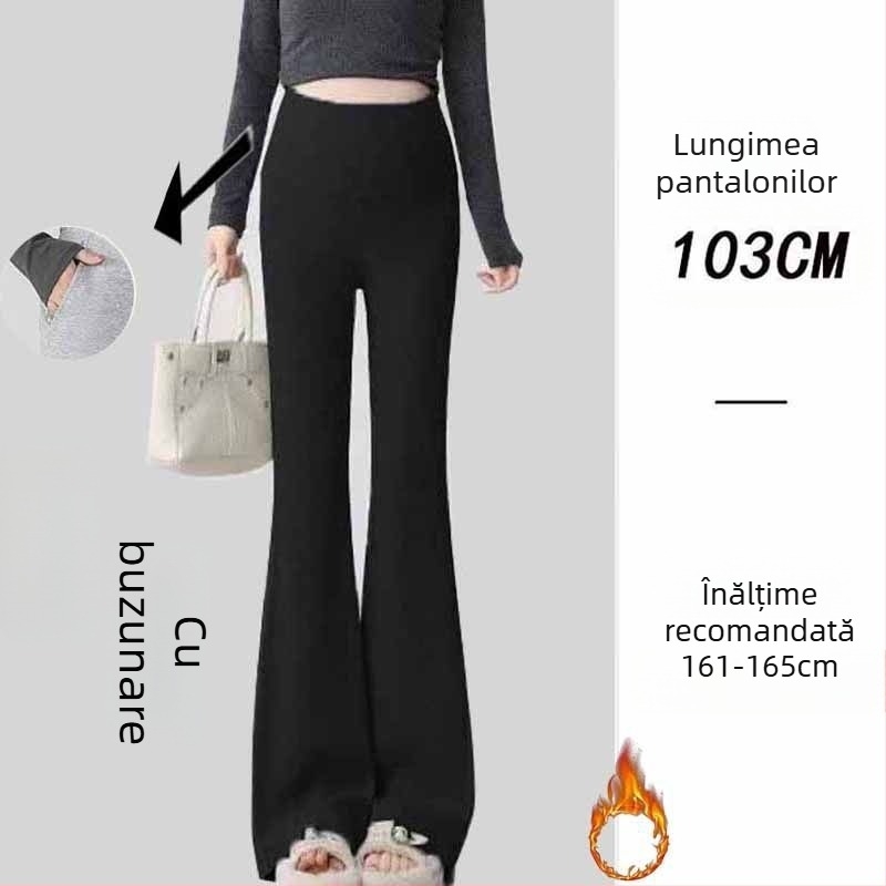 Pantaloni de maternitate în stil coreean, talie înaltă, micro-elastic, croială bell-bottom, țesătură din amestec poliester-viscoză (50–70% poliester, <30% viscoză)