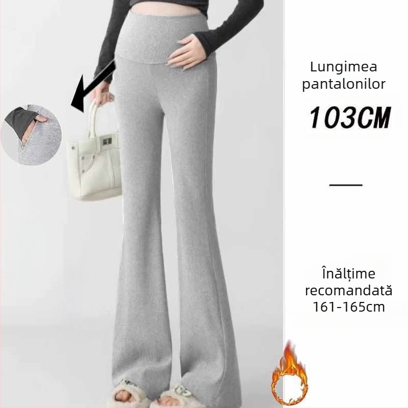 Pantaloni de maternitate în stil coreean, talie înaltă, micro-elastic, croială bell-bottom, țesătură din amestec poliester-viscoză (50–70% poliester, <30% viscoză)