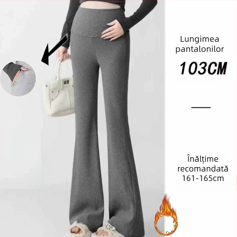 Pantaloni de maternitate în stil coreean, talie înaltă, micro-elastic, croială bell-bottom, țesătură din amestec poliester-viscoză (50–70% poliester, <30% viscoză)