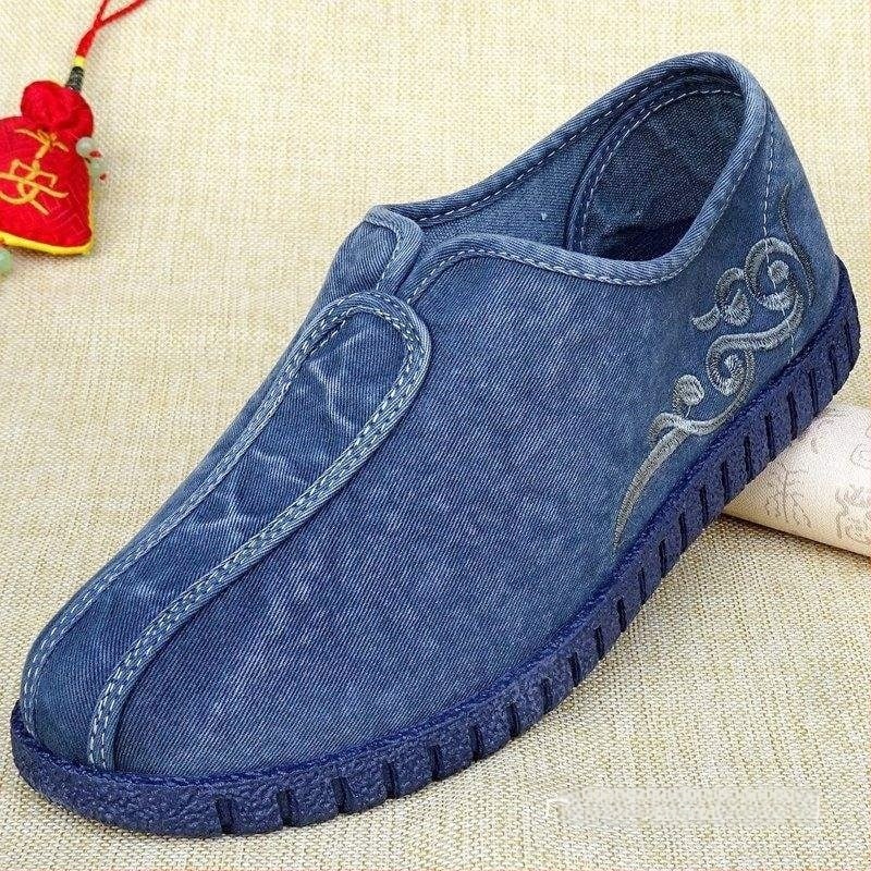 Balerini dama din denim cu broderie, vârf rotund, deschidere mică, toc mic 1–3 cm, talpă din PVC respirabilă, căptușeală din bumbac