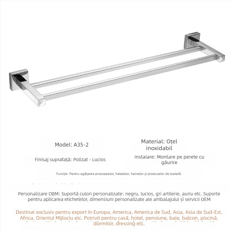 Cuier prosoape din oțel inoxidabil 304, bară simplă sau dublă, montaj pe perete, finisaj lustruit, depozitare în 2 niveluri
