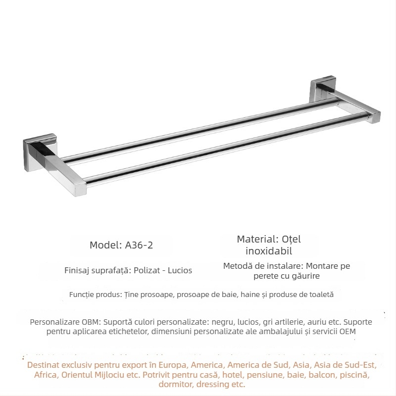 Cuier prosoape din oțel inoxidabil 304, bară simplă sau dublă, montaj pe perete, finisaj lustruit, depozitare în 2 niveluri
