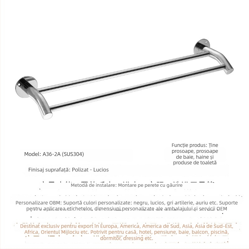 Cuier prosoape din oțel inoxidabil 304, bară simplă sau dublă, montaj pe perete, finisaj lustruit, depozitare în 2 niveluri