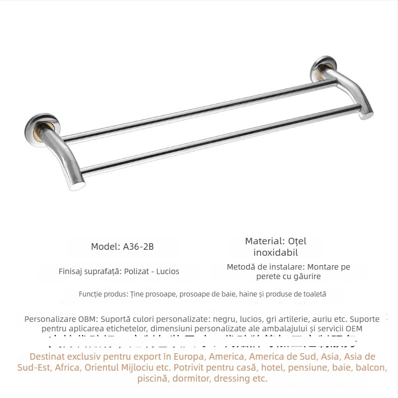Cuier prosoape din oțel inoxidabil 304, bară simplă sau dublă, montaj pe perete, finisaj lustruit, depozitare în 2 niveluri